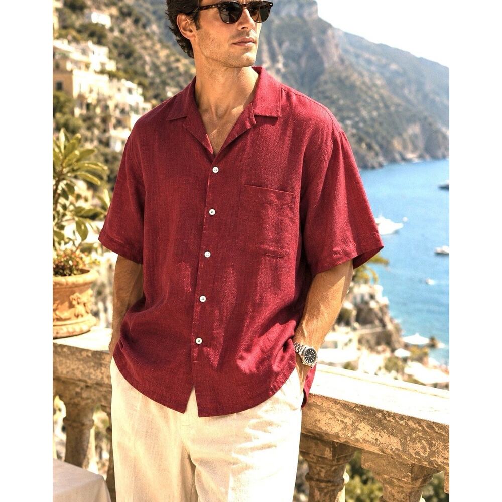 Casual Short-Sleeve Button-Down Shirt - Red